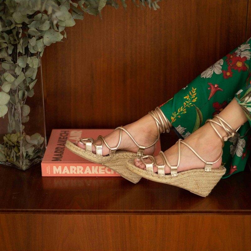 Espadrille Anabela Leather Crossover - Gold