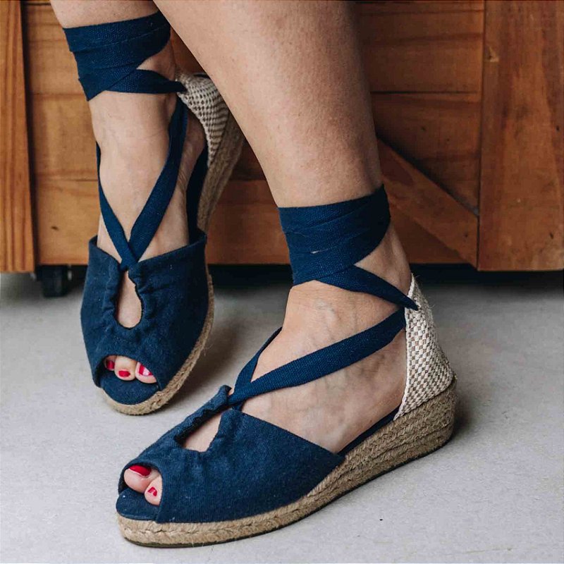 Peep Toe Midi Espadrille - Navy