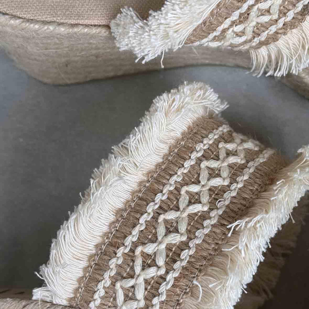 Ethnic Wedge Espadrille with Fringes - Ecru