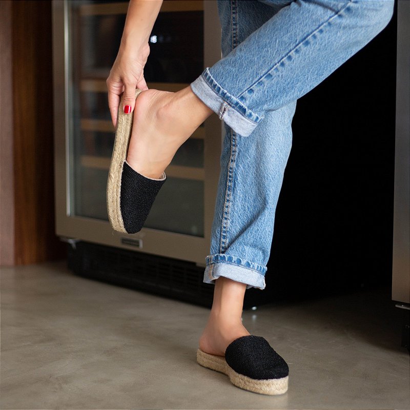 Espadrille Mule with Double Beaded Sole - Matte Black