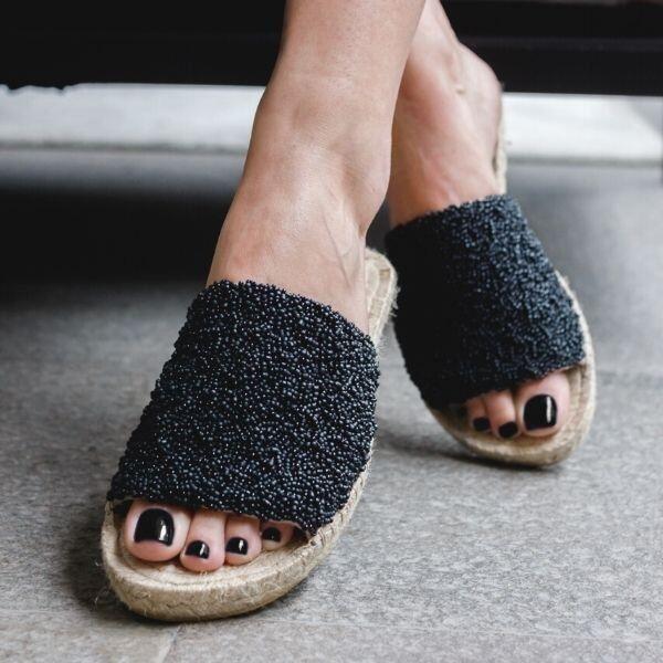 Embroidered Espadrille Slide - Black