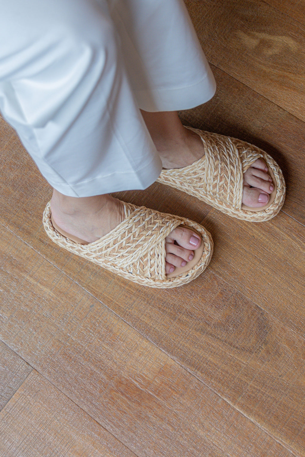 Cork and Straw Braided Midi Flatform - Beige