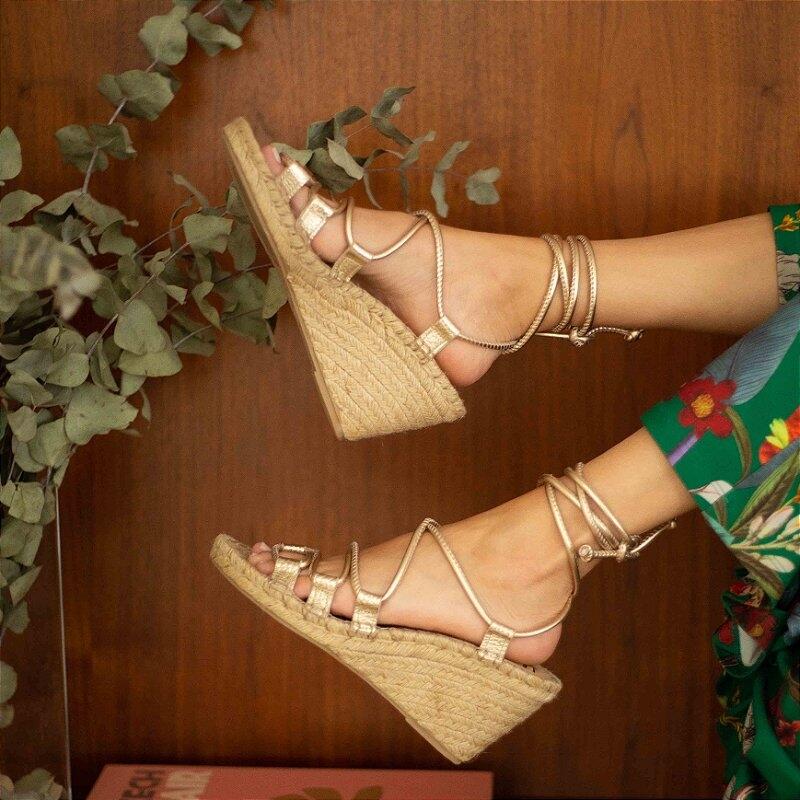 Espadrille Anabela Leather Crossover - Gold