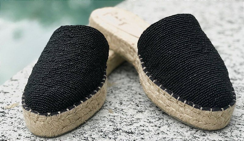 Espadrille Mule with Double Beaded Sole - Matte Black