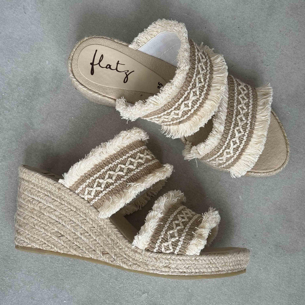 Ethnic Wedge Espadrille with Fringes - Ecru