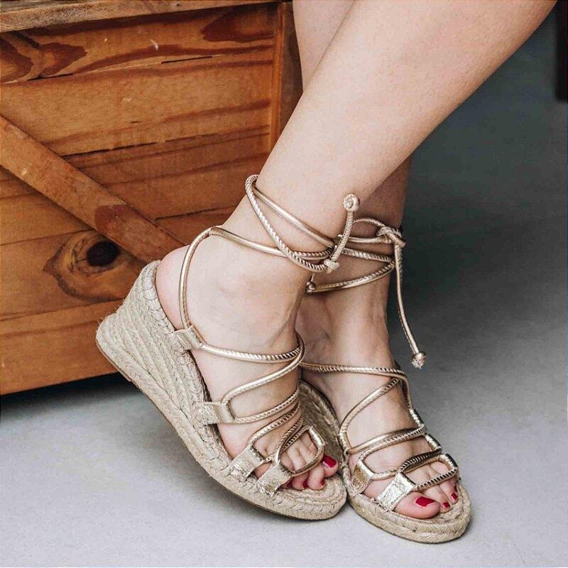 Espadrille Anabela Leather Crossover - Gold