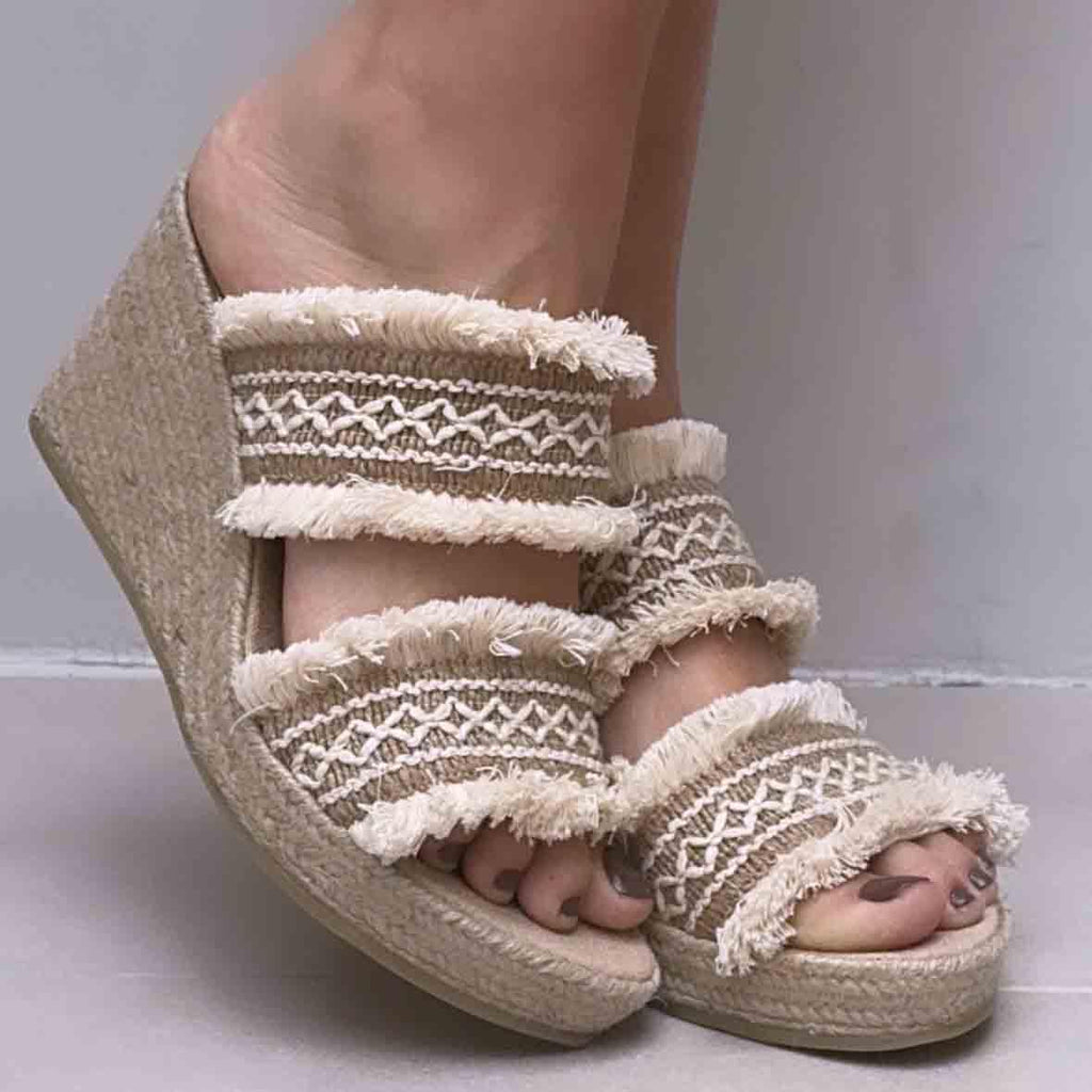 Ethnic Wedge Espadrille with Fringes - Ecru