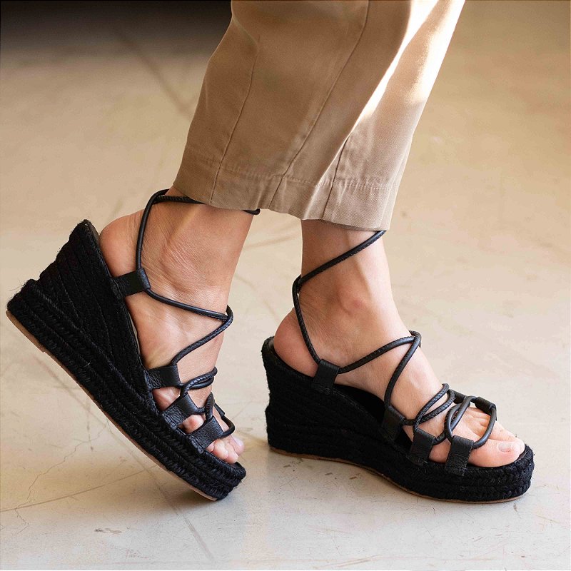Espadrille Anabela Leather Crossover - Black