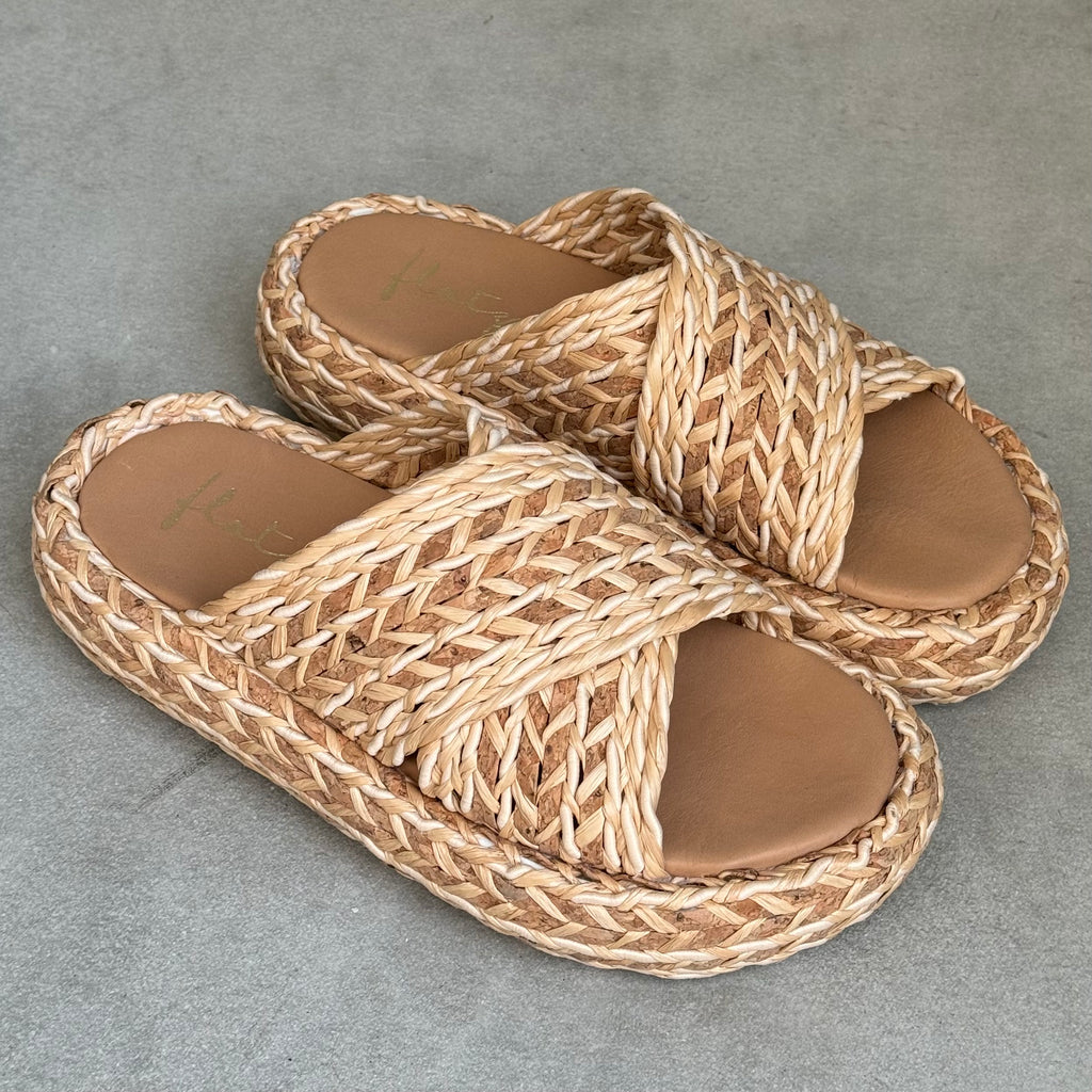Cork and Straw Braided Midi Flatform - Beige