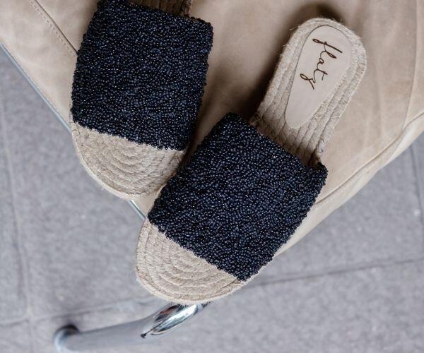 Embroidered Espadrille Slide - Black