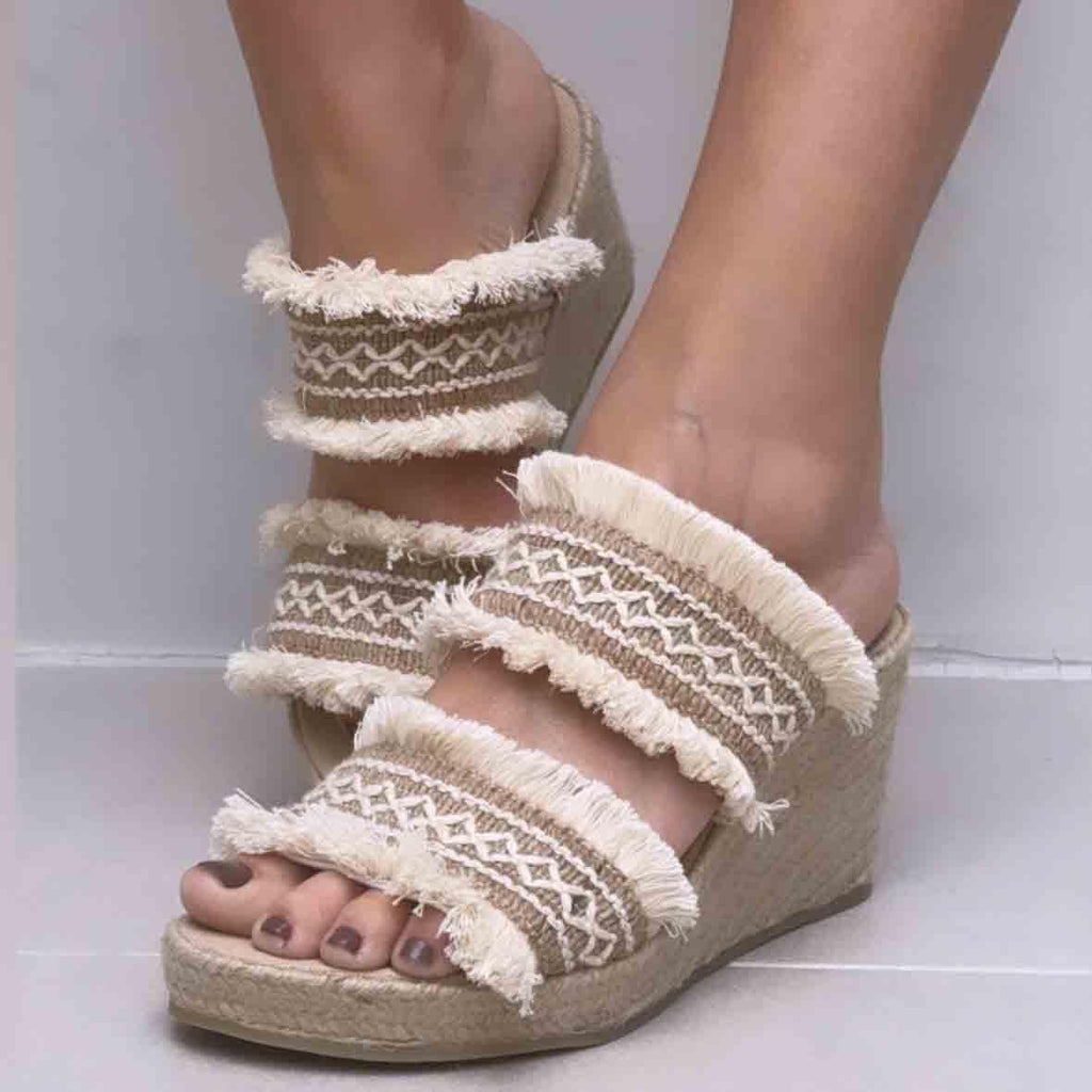 Ethnic Wedge Espadrille with Fringes - Ecru