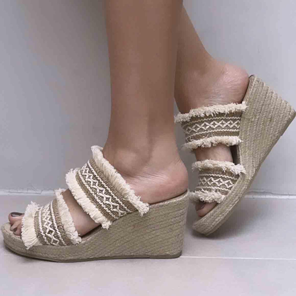 Ethnic Wedge Espadrille with Fringes - Ecru
