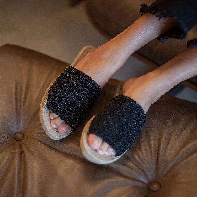 Embroidered Espadrille Slide - Black