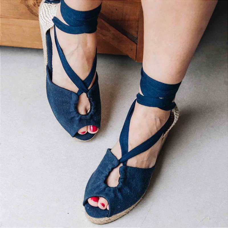 Peep Toe Midi Espadrille - Navy