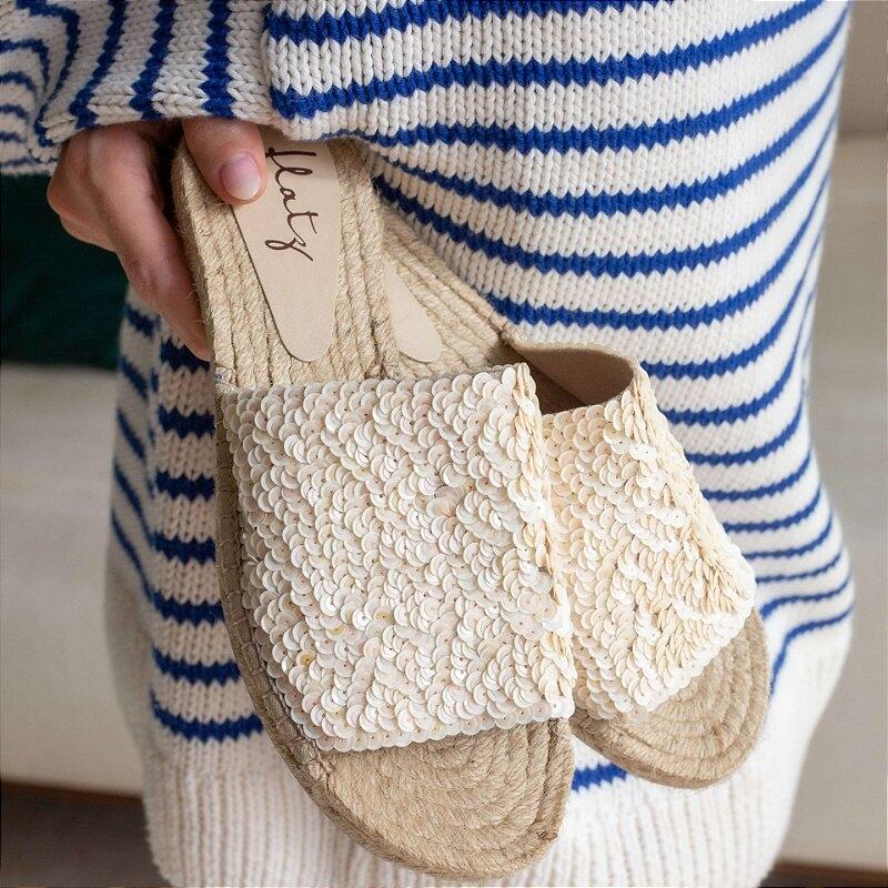 Embroidered Espadrille Slide - Champagne