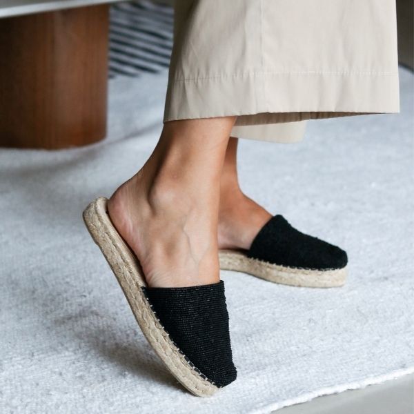 Espadrille Mule with Double Beaded Sole - Matte Black