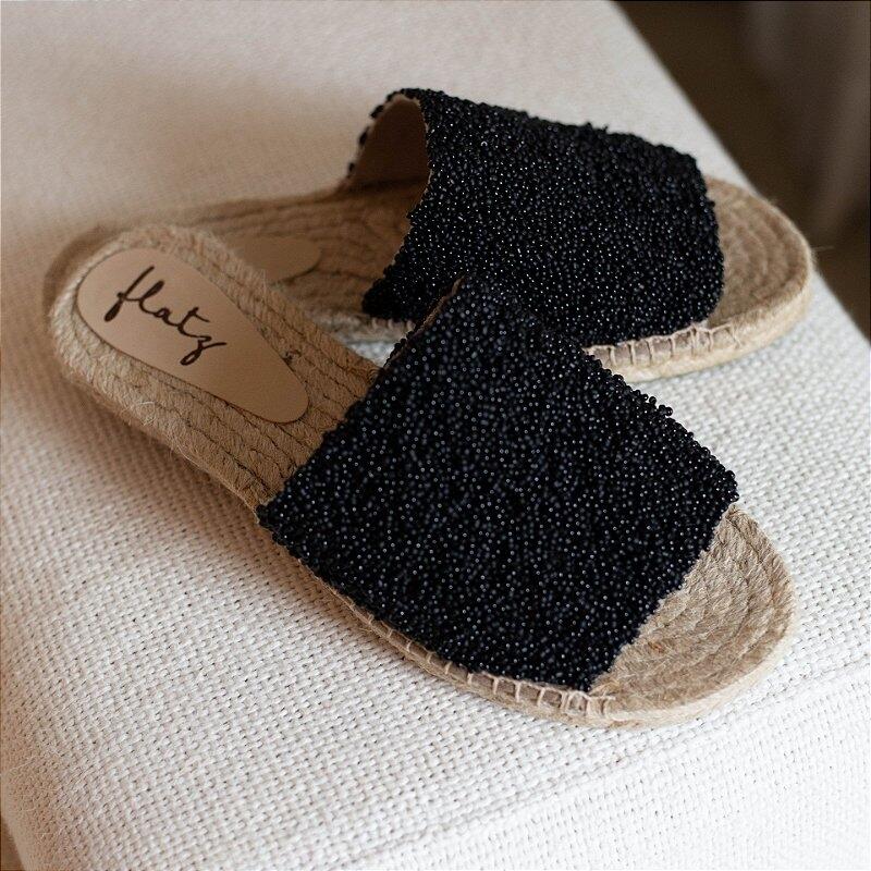 Embroidered Espadrille Slide - Black