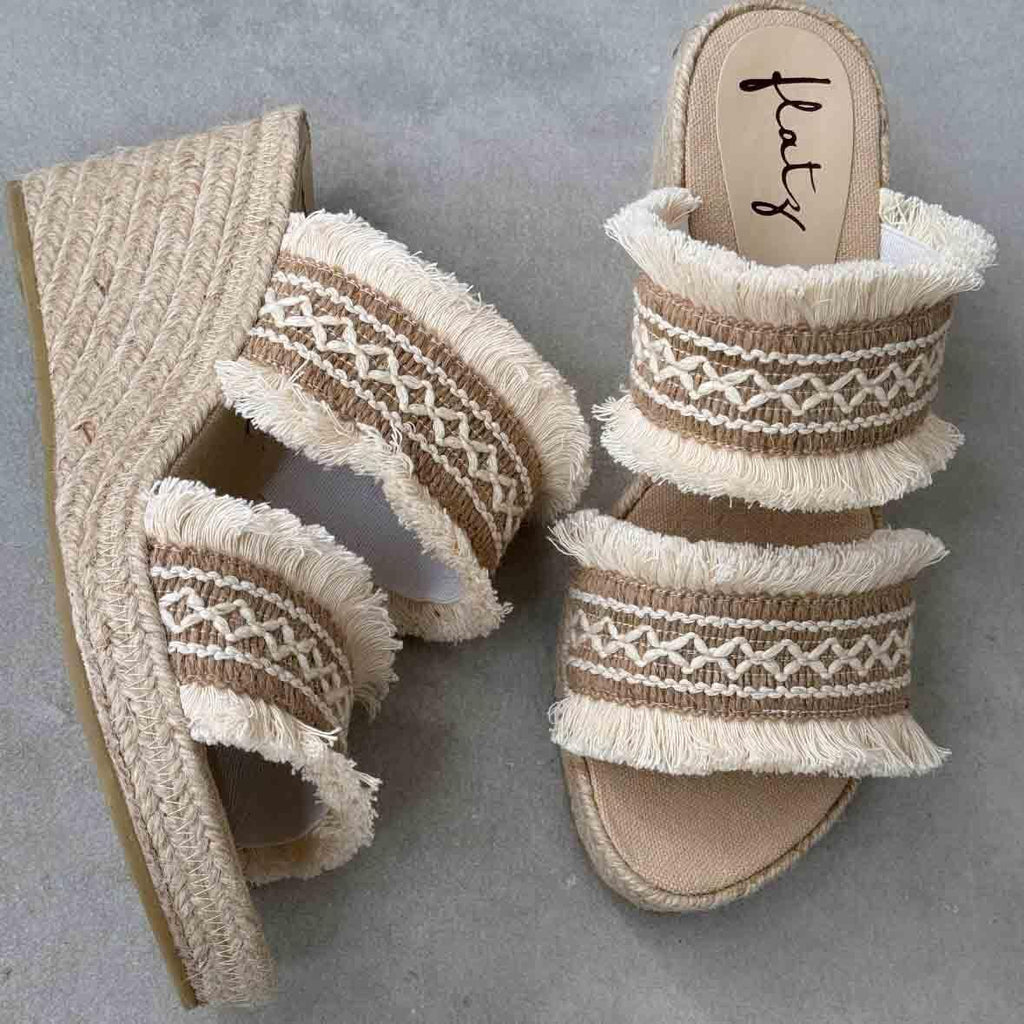 Ethnic Wedge Espadrille with Fringes - Ecru