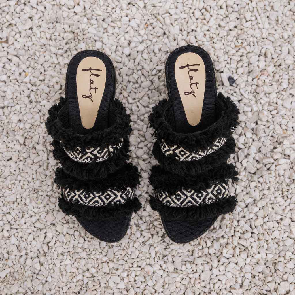 Ethnic Wedge Espadrille with Fringes - Black