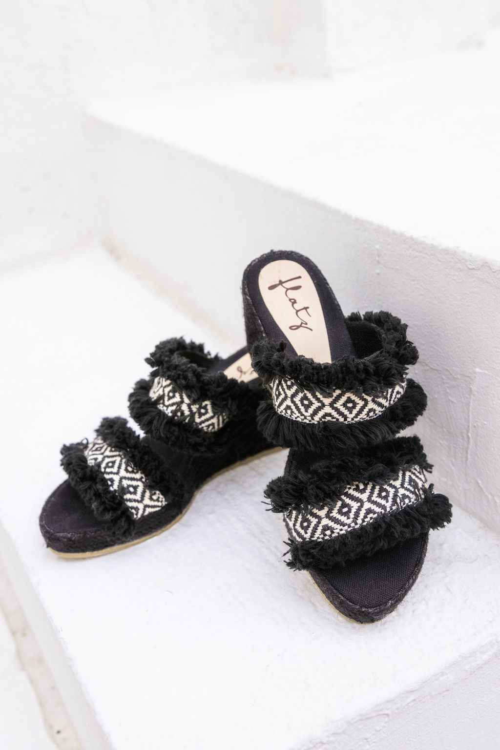 Ethnic Wedge Espadrille with Fringes - Black